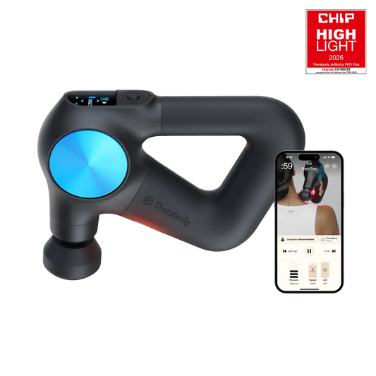 Therabody Theragun PRO Plus mit Smartphone und Siegel Chip Highlight 2026 auf transparentem Hintergrund